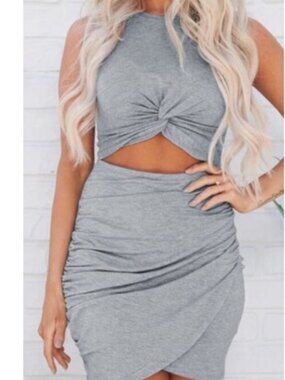 Gray Twist Front Mini Dress Sleeveless Cutout Bodycon Ruched Stretch Women M NWT